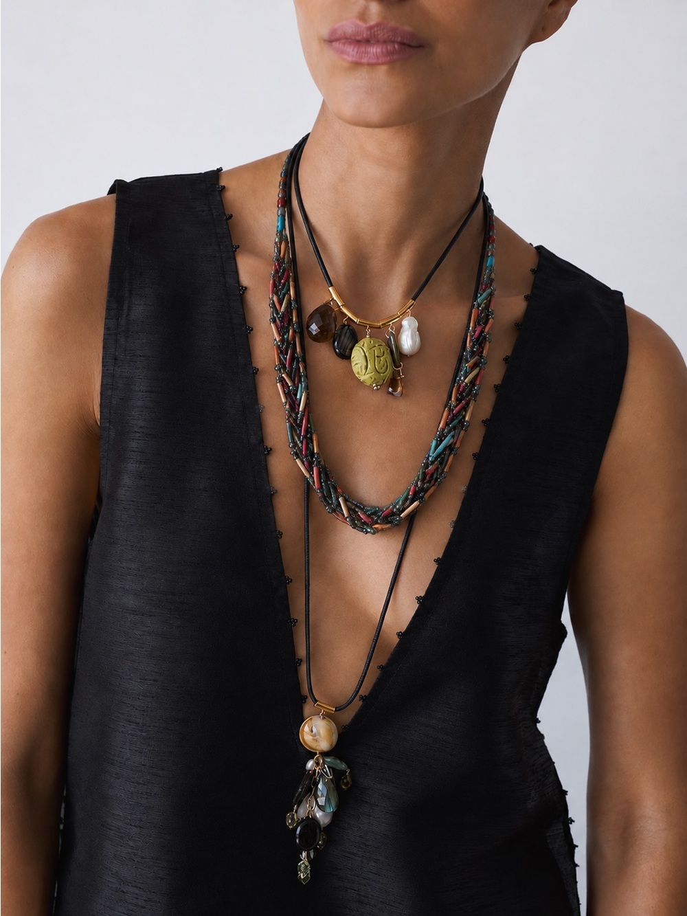 Vintage Multi-Colored Glass and Wood Tubes Necklace